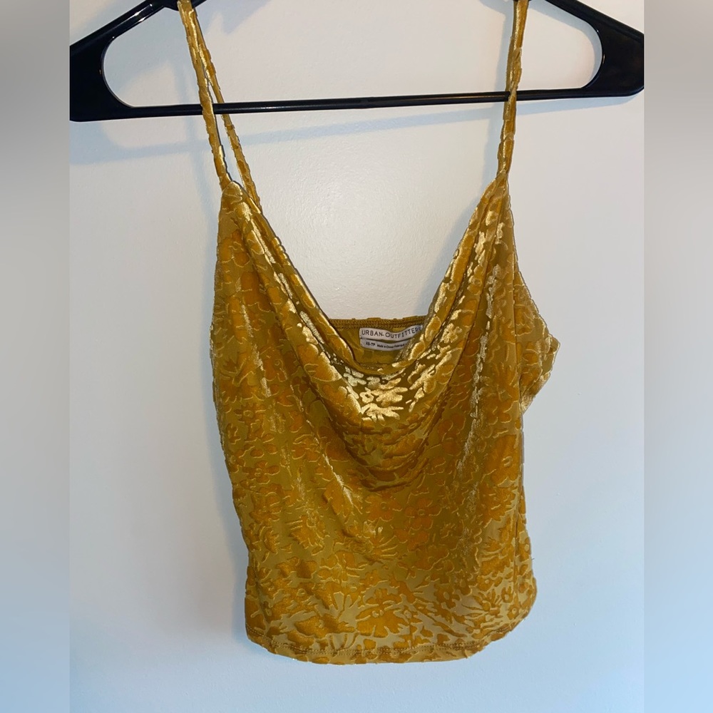 Yellow, floral velour cowl neck tank top